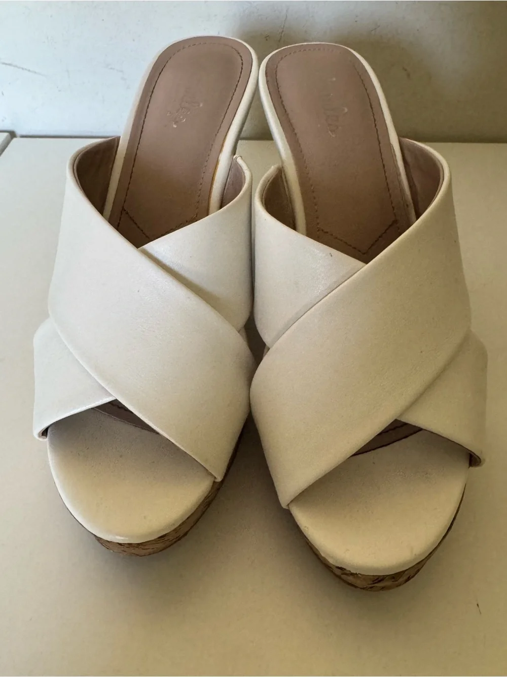 Charles David White Crisscross Cork Platform Wedge Sandals